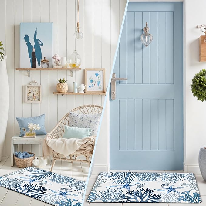 Kitchen Mats for Floor Cushioned Anti Fatigue Sets of 2 Coastal Kitchen Rugs Non Slip Waterproof Nautical Foam Kitchen Floor Rug Beach Theme Coral Fish Comfort Standing Mat for Sink Laundry, Blue