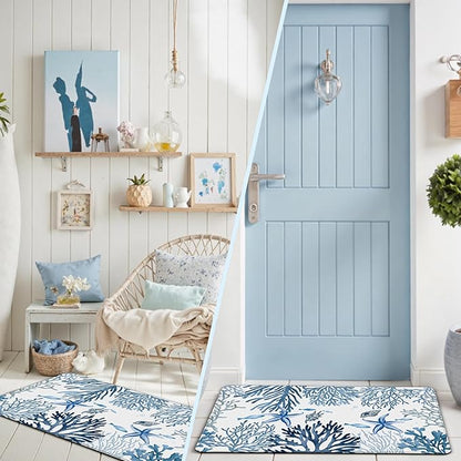 Kitchen Mats for Floor Cushioned Anti Fatigue Sets of 2 Coastal Kitchen Rugs Non Slip Waterproof Nautical Foam Kitchen Floor Rug Beach Theme Coral Fish Comfort Standing Mat for Sink Laundry, Blue