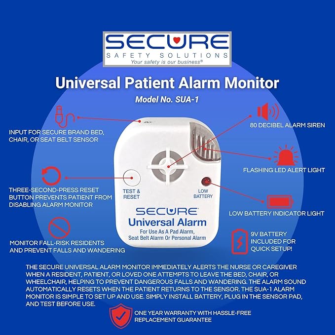 Secure Chair Alarm for Elderly Dementia Patients - 12"x12" Long-Term Sensor Pad and 80 dB Caregiver Alert Monitor - Smart & Reliable Fall Prevention Kit for Seniors - Perfect Complement to Bed Alarm