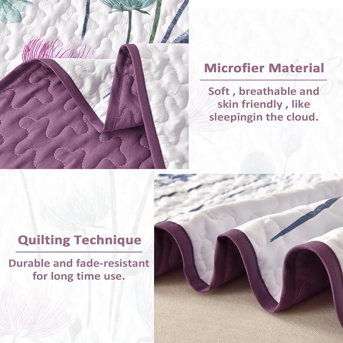 Dinjoy Queen Quilt Set, 3 Pieces Floral Purple Bedspread Coverlet Set | Purple - Image 4