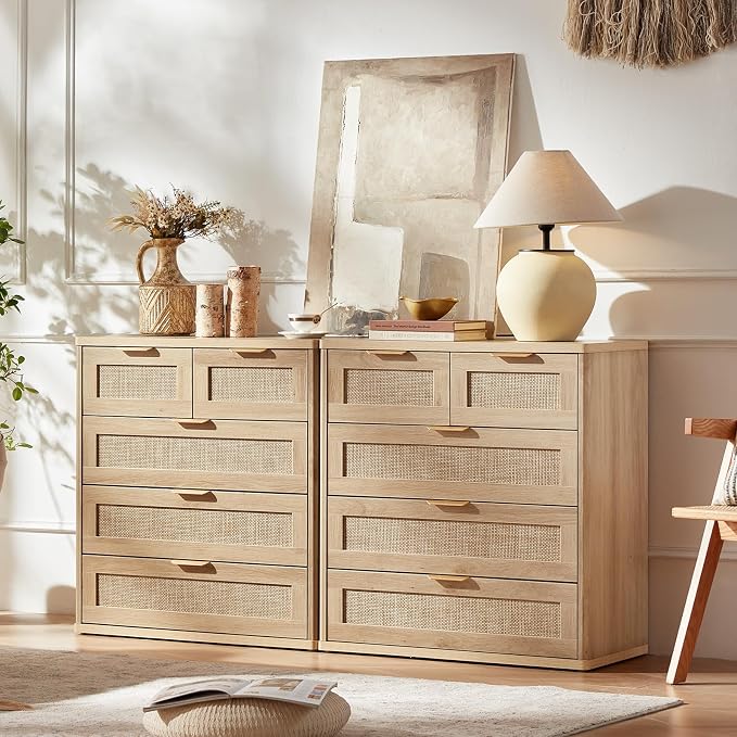 LEYAOYAO Rattan Dresser for Bedroom, 33.5" Small Chest of Drawers | Gold Metal - Image 2
