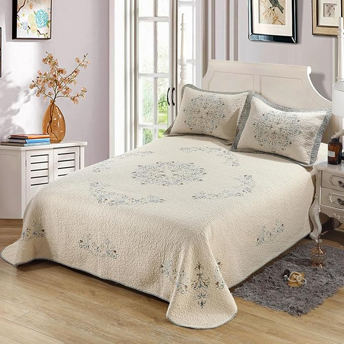 ROOMLIFE Quilt Set King Size 3D Floral Embroidery Pattern 3-Piece Cotton | - Image 3