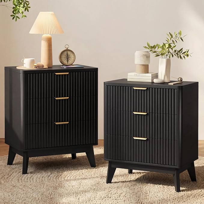 LYNCOHOME Fluted Nightstand Set of 2, Wood Bedside Table by LYNCOHOME