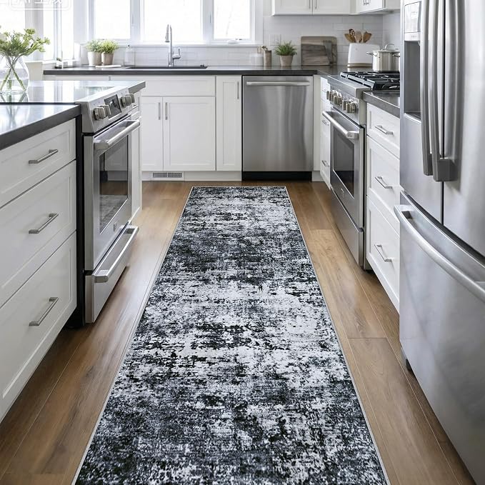 3x14 Washable Runner Rug：Modern Abstract Kitchen Carpet Black | by FXRHLP