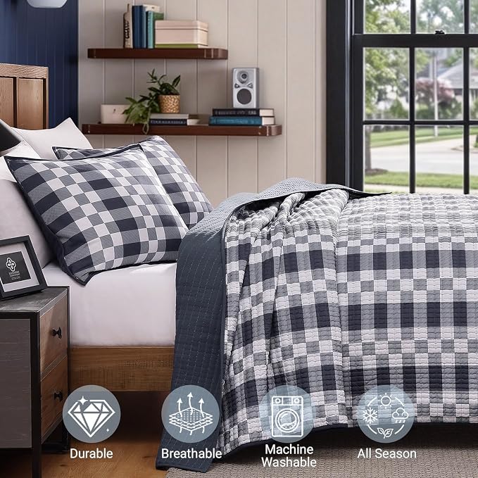 Queen Quilt-Lightweight Bedspread Plaid Quilt Queen Size Quilt Bedding Set | - Image 3