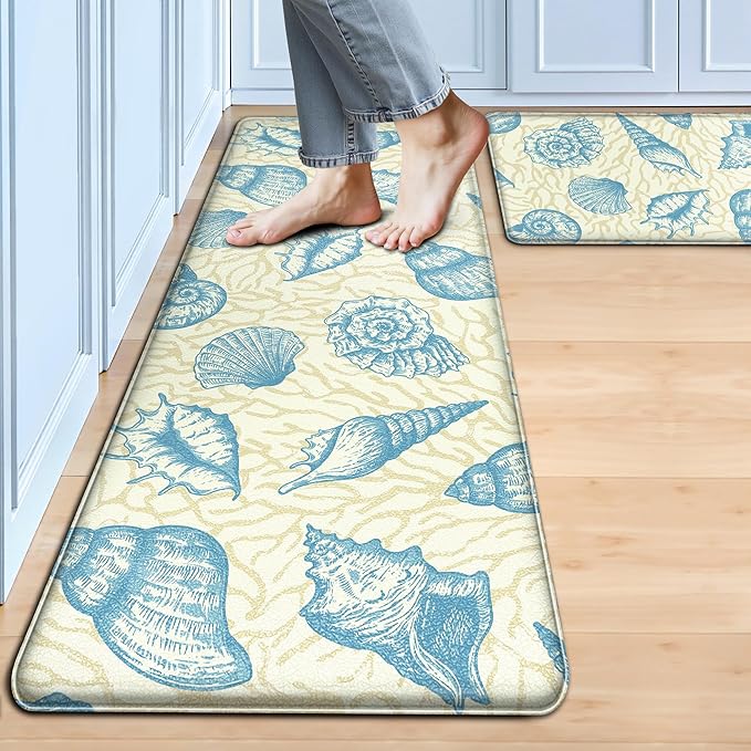 Kitchen Mats for Floor Cushioned Anti Fatigue Sets of 2 Beach Theme Kitchen Rugs Non Slip Waterproof Coastal Foam Kitchen Floor Rug Nautical Coral Seashell Comfort Standing Mat for Sink Laundry, Blue