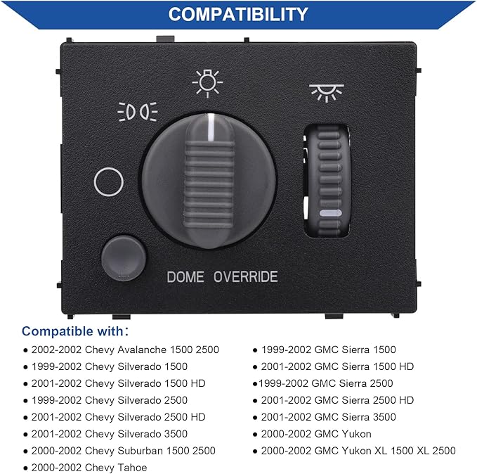 Obaee Headlight Switch Instrument Panel Dimmer Light Switch Compatible with Chevy Avalanche, Silverado, Suburban, Tahoe & GMC Sierra, Yukon 1999-2002, Replaces OE 15755595, D1534G, DS-968