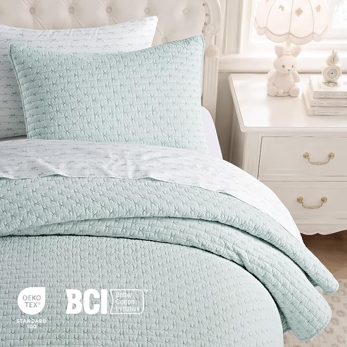 100% Cotton Cross Stitch Quilt Set, Seafoam Aqua | 100% Cotton, Elegant Cross - Image 4
