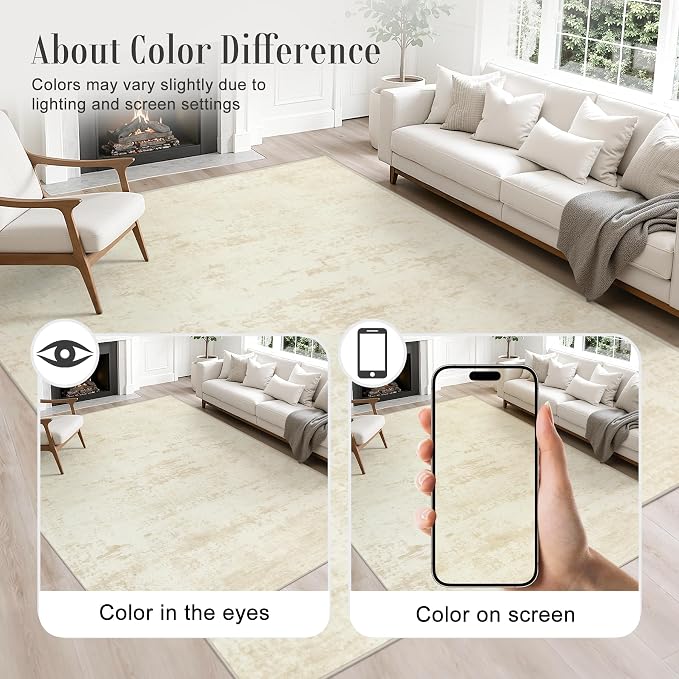 Area Rug Living Room: 6x6 Modern Washable Indoor Soft Carpet Beige | - Image 4