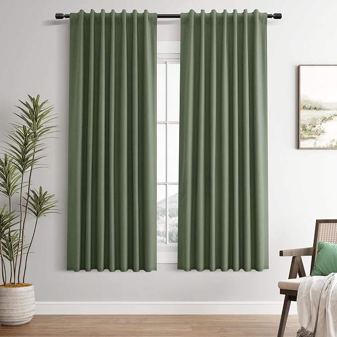 Olive Green Linen 100% Blackout Curtains 63 Inch Length Back Tab Elegant Home by Guken