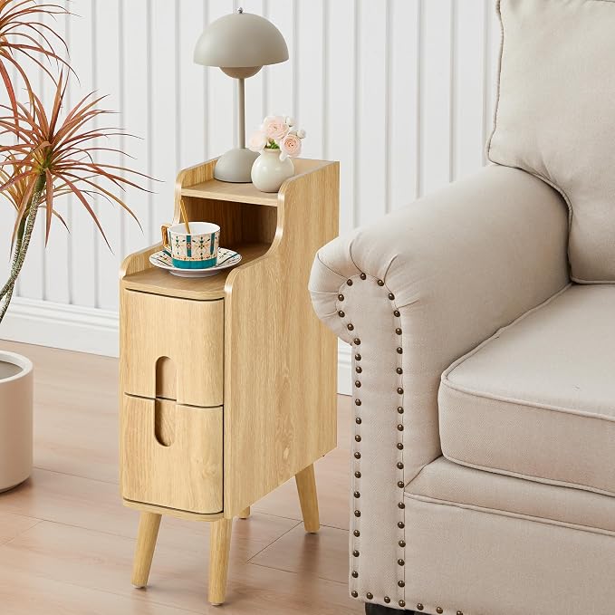 Narrow End Table Living Room, Wooden Small 2 Drawer Nightstand Bedroom - Image 4