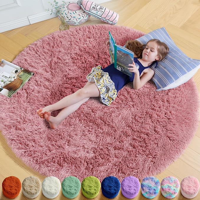Amdrebio Blush Pink Circle Furry Area Rug 5Ft by Amdrebio