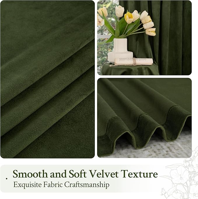 LAMIT Olive Green Velvet Curtains 84 Inch for Living Room, Luxury Thermal Insulated Blackout Curtains Room Darkening Back Tab and Rod Pocket Window Drapes for Bedroom, 2 Panels, 52 x 84 Inch