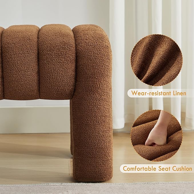 43" Upholstered Boucle Bench, Rust Brown | Padded Ottoman Bench, Sherpa Window - Image 5