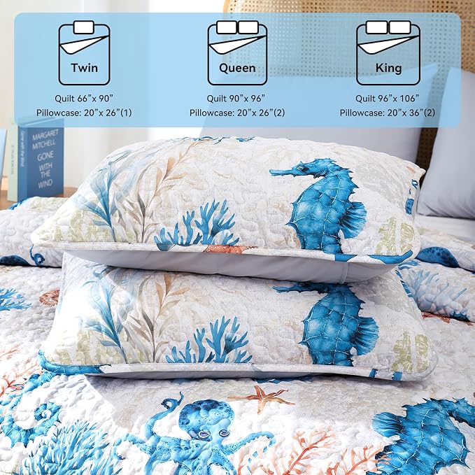 weigelia Coastal Quilt Queen Size, Seahorse Lightweight Summer Bedding | - Image 6