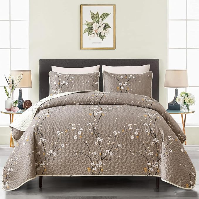 DJY Quilt Set King Size, Branch Botanical Bedspread Coverlet, Tan &Cream | - Image 8