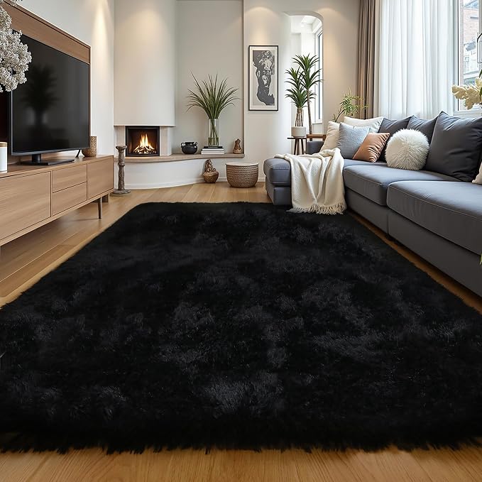 KICHOWUA Black Fluffy 9x12 Area Rug Bedroom Living Room Soft Washable Shag | by KICHOWUA