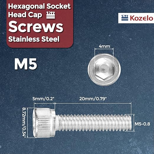 Kozelo 40pcs Socket Head Cap Screws - [M5-0.8 x 20mm] 304 Stainless Steel Allen Socket Drive for Electrical Motor 3D Printing Fan Engine Replacement Use, Silver