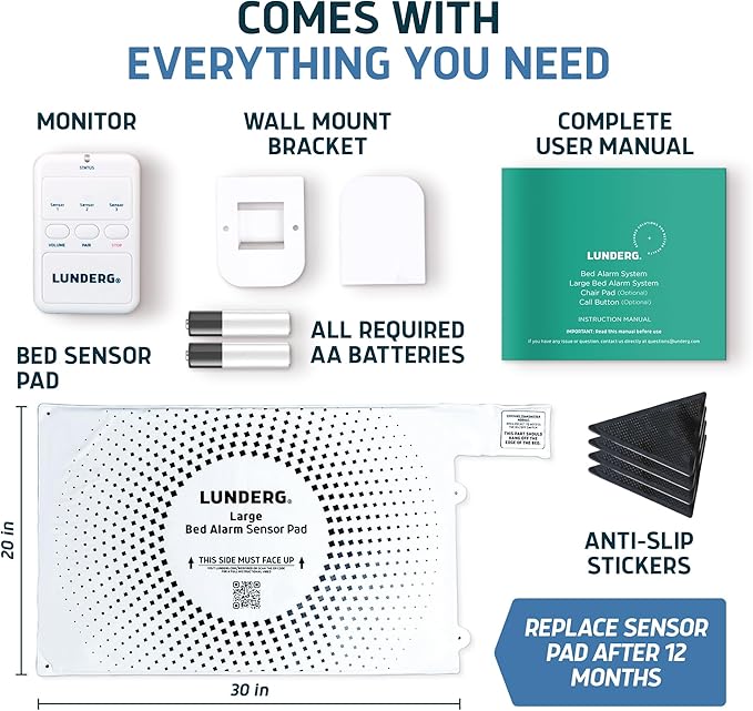 Lunderg Large Bed Alarm for Elderly Adults - Wireless Sensor Pad (20” x 30”) & Pager - Safety Bed Alarms and Fall Prevention for Elderly and Dementia Patients - for Patients That Move a lot
