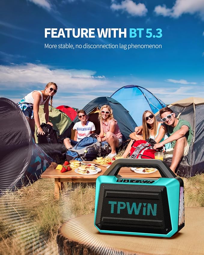 TPWIN Powerful 80W Outdoor Bluetooth Speaker: IPX6 Waterproof, Rugged, 20H Playtime, Deep Bass, Lightshow, TWS, BT 5.3 Wireless, Portable for Travel Hiking Camping Beach Pool - Teal