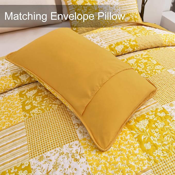 Mybedsoul Yellow Boho Quilt Set Full Size, 3 Pieces Plaid Floral Bedspread - Image 6