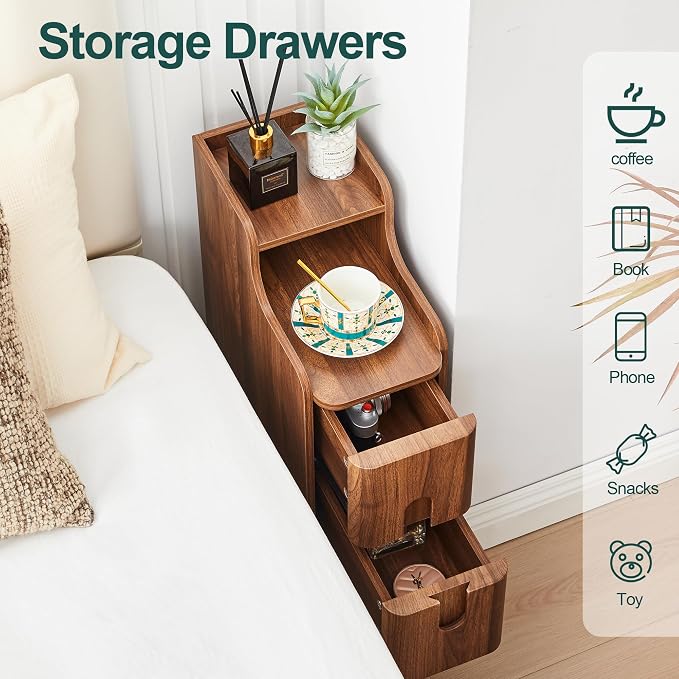 Narrow Nightstand Set of 2, Wood 2 Drawer Small Nightstand, Slim Side Table - Image 6