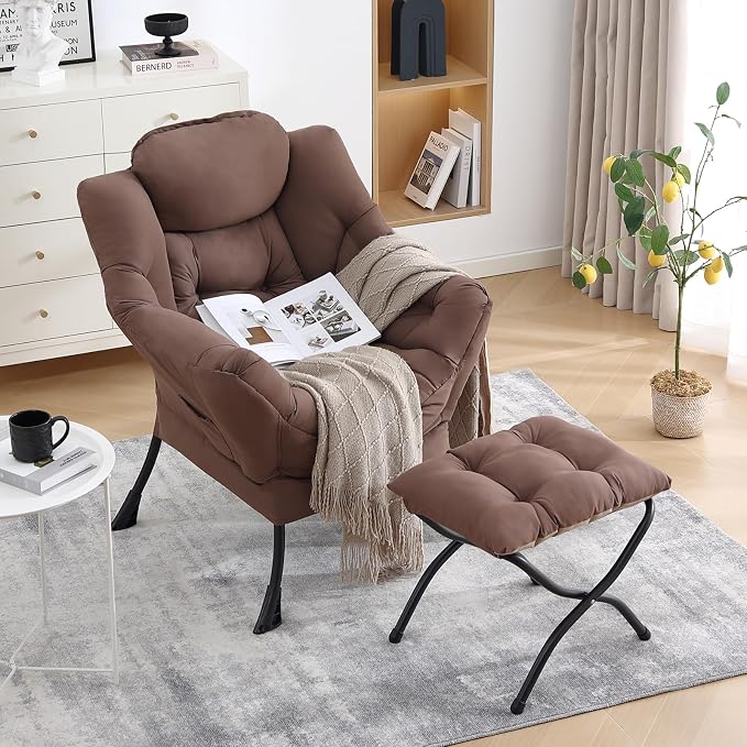 Lazy Chair with Ottoman, Comfy Accent Reading Chair, Dark Brown | Foldable - Image 10