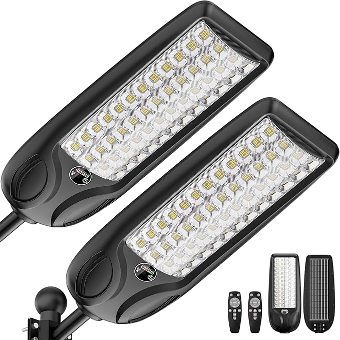 MMKT Solar Lights Outdoor, 12000W 3 Color Solar Street Lights, Commercial Solar Parking Lot Lights Waterproof Dusk to Dawn, Security Flood Lights with Motion Sensor for Yard, Basketball Court 2Pack