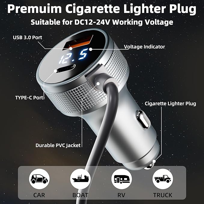 Starlink Mini 12V Car Adapter with Step Up Converter, Star Link Mini Power Cable 3FT 12V-24V to 30V Boost Cigarette Lighter 12 Volt Adapter with USB A QC 3.0, Type-C PD 45W Ports and Voltmeter