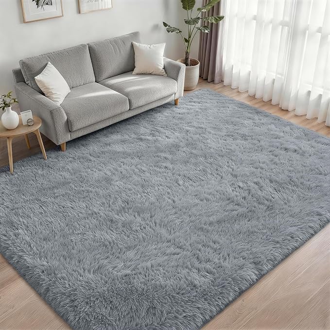 Area Rug Living Room Bedroom: 6x9 Fluffy Plush Shag Carpet Gray | - Image 2
