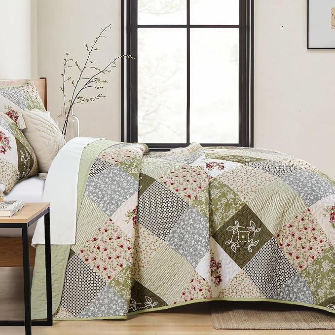Dinjoy Patchwork Quilt Set King Size, Boho Bedding Set, Oliver Green | Soft - Image 3