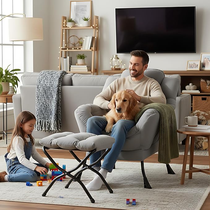 Welnow Lazy Chair with Ottoman, Reading Chair with Footrest, Light Grey | A - Image 4