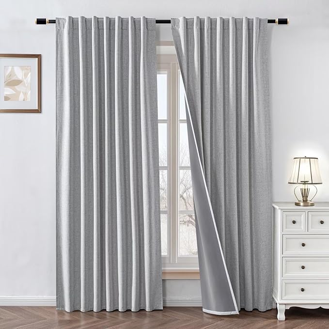 100% Blackout Curtains 90 inch Length 2 Panels Faux Linen Long Drapes by Zyvola