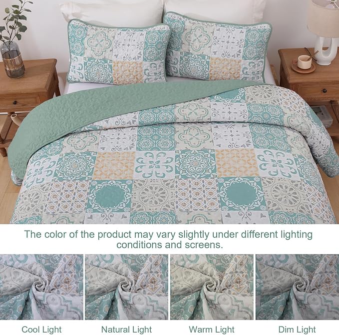 Dobuyly Patchwork Quilt Set Queen Size 3 Pieces Sage Green Yellow Boho Plaid - Image 7