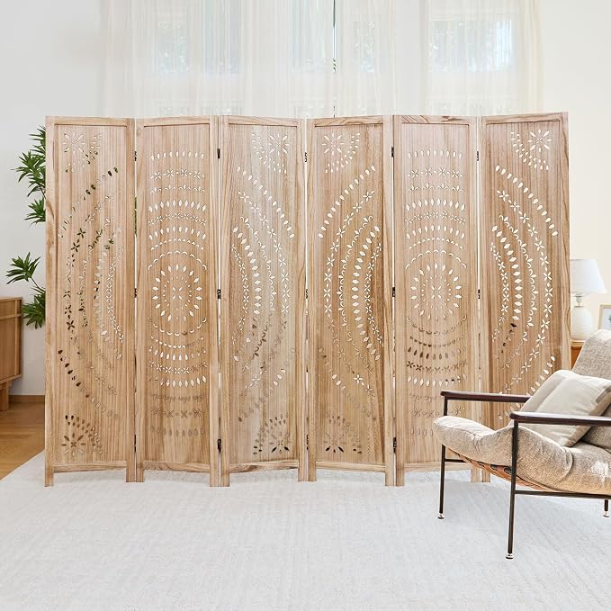 66.9Inch Folding Room Divider, 6 Panels Wood Carved Privacy Screens, Free - Image 7