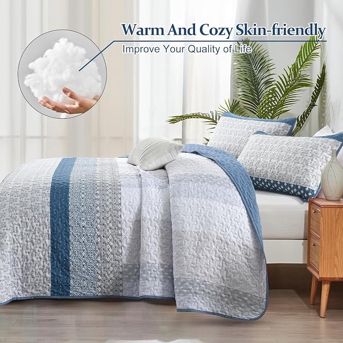 WONGS BEDDING Blue Quilt King Size, 3 Pieces Boho Striped Bedspreads | - Image 4