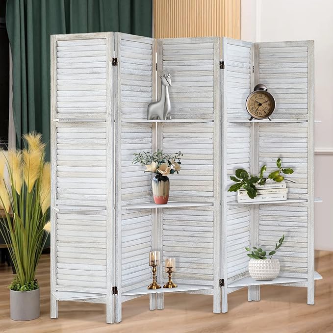 Room Divider with Shelves, 5 Panel Distressed White | Partition Room Dividers - Image 3