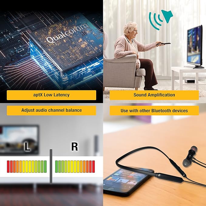 HomeSpot Wireless Neckband Headphones for TV Watching with Bluetooth 5.3 aptX LL Transmitter No Delay Lightweight High Volume Ideal for Seniors 3.5mm Aux RCA TOSLINK Optical