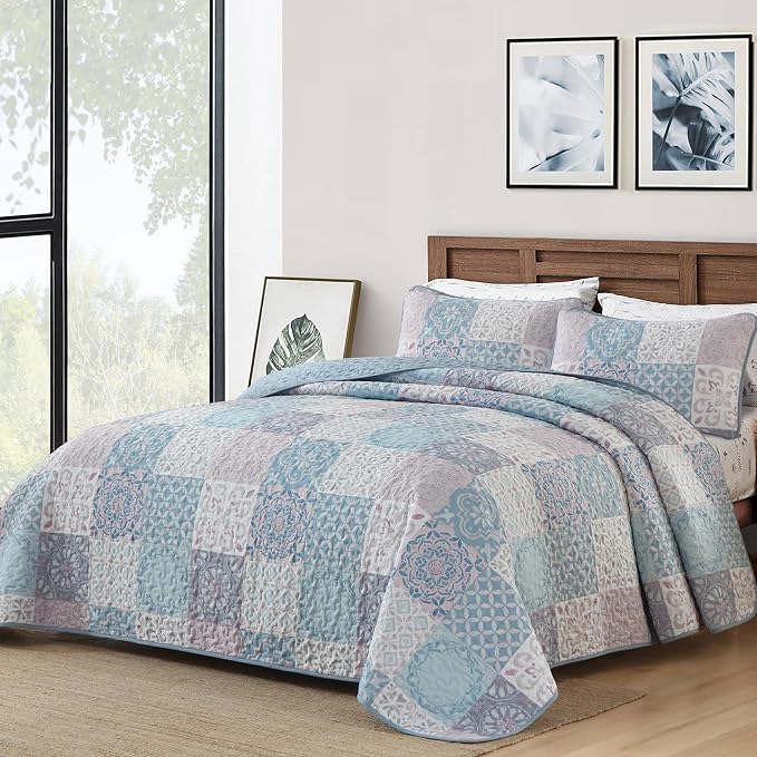 Dobuyly Quilt Set Queen Size, Light Blue/Pink Patchwork Bedspread 3 Pieces by Dobuyly