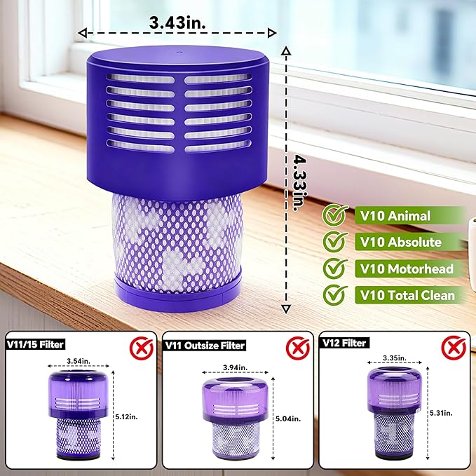3 Packs V10 Vacuum Filter Replacement for Dyson Cyclone Series, V10 Animal, V10 Absolute, V10 Motorhead, V10 Total Clean, SV12 Series Vacuum Cleaner, Replace Part 969082-01