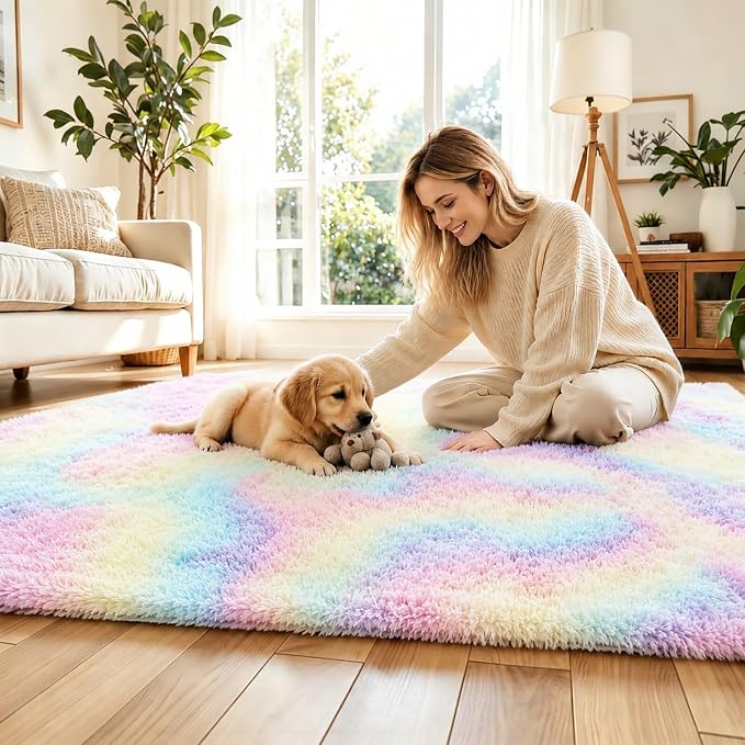 8x10 Area Rugs for Living Room, Rainbow Large Shaggy Carpet Plush Furry Rug | - Image 3