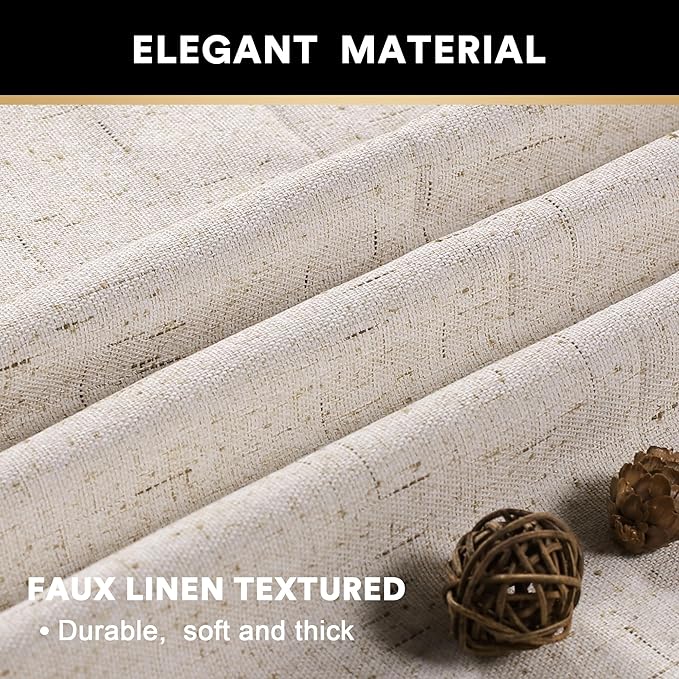 PrinceDeco 100% Black Out Curtains 64 inch Long 2 Panels for Bedroom Anti-Rust Grommet Thermal Insulated Flax Textured Full Blackout Window Draperies with White Liners,Set of 2,W42 X L64,Natural