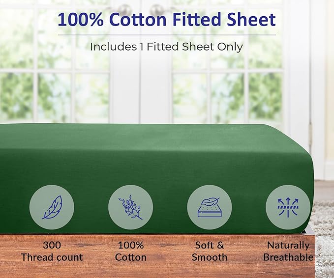 ROYALE LINENS 300 Thread Count 100% Long Staple Combed Cotton Fitted Sheet California King - Super Soft Deep Pocket Bottom Sheet - Fitted Sheets Only - Elastic Sheets (Cal King, Hunter Green)