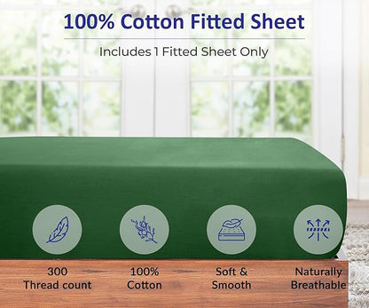 ROYALE LINENS 300 Thread Count 100% Long Staple Combed Cotton Fitted Sheet California King - Super Soft Deep Pocket Bottom Sheet - Fitted Sheets Only - Elastic Sheets (Cal King, Hunter Green)
