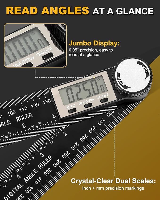 Protractor, Digital Angle Finder Protractor with LCD Display, 2-in-1 360° Angle Measuring Tool and Ruler, Precision Digital Protractor Ruler for Woodworking, Construction, Carpentry