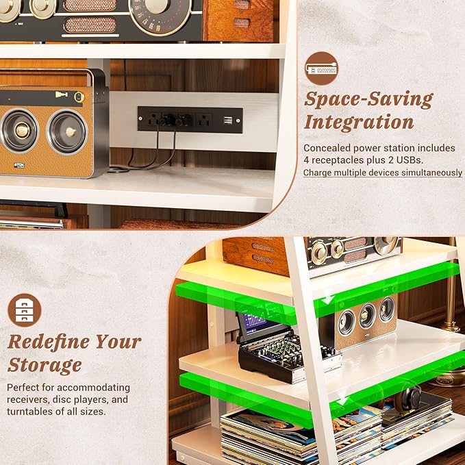 Armocity 4-Tier AV Media Stand with Power Strips, Stereo Stand with LED Lights, Audio Tower Rack with Adjustable Shelves, Small Entertainment Center, 30'', White