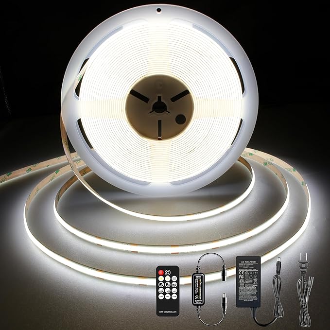 Pandery COB LED Strip 32.8ft,Dimmable Strip Lights, 6000K Daylight Super Bright LED Strip Lights, DC24V CRI90+,LED Tape Light with UL-Listed Power Supply, Indoor for Closet,Bedroom,Kitchen