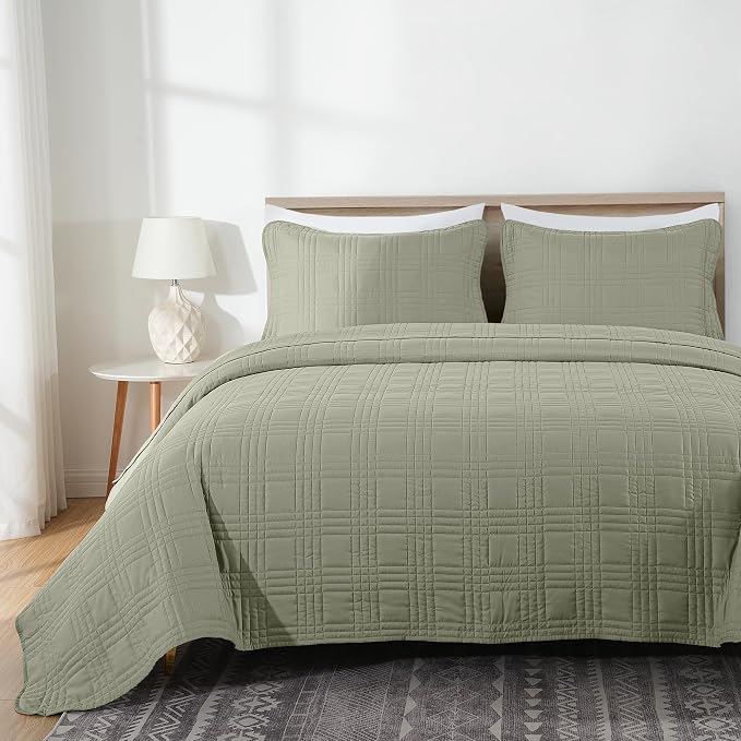 Chezmoi Collection Kingston King Size Bedspread Set, 3-Piece Sage Green - Image 3
