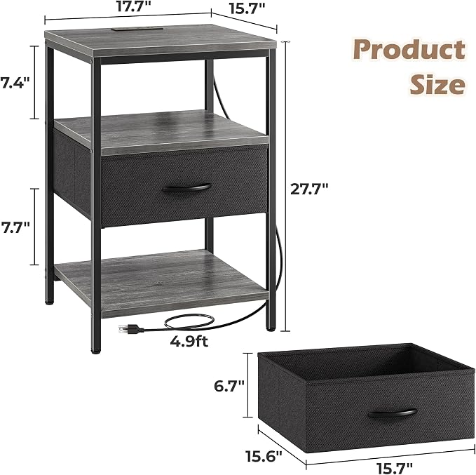 SUPERJARE Nightstand with Charging Station, USB-C Port, Bedside Table | 27.7 - Image 3