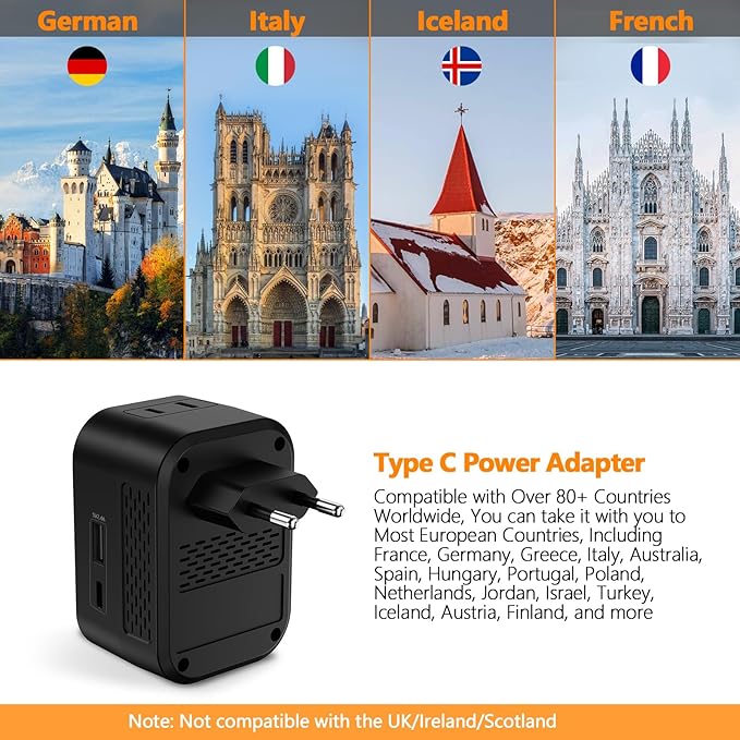Shayangyoung 220V to 110V 20W PD Voltage Converter US to Europe International Universal Travel Adapter with 2 USB A 2 Type-C Port Worldwide Power Converters Plug Combo for Spain Italy (Black)-IZ